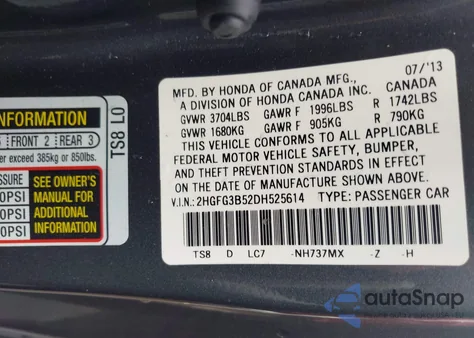 2013 Honda Civic Lx z USA, uszkodzony, nr VIN 2HGFG3B52DH525614